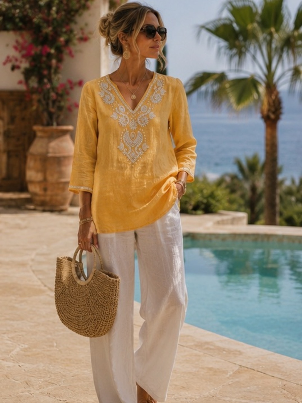 100% Linen Beaded Embroidered Tunic Top Orange Creamsicle Resort Boho M